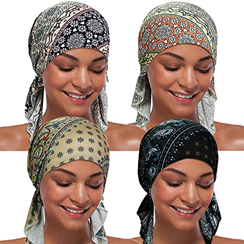 ASHILISIA 4 Pieces Women Chemo Hat Turban Beanie, Pre-Tied Headwraps Headwear Bandana for Hair Loss - color: Ccily-c-3