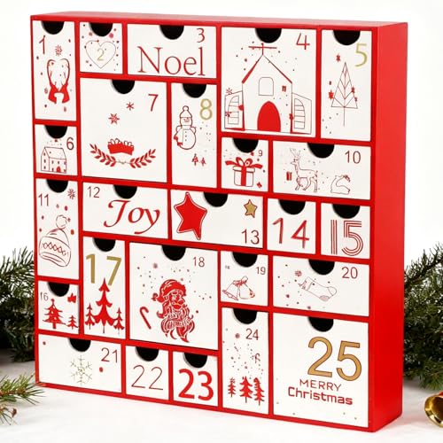 Juegoal Advent Calendar, 11.8'' Red Wooden Advent Calendars with 25 Storage Drawers Countdown to Christmas 2025, Christmas Advent Holiday Decor - color: Red