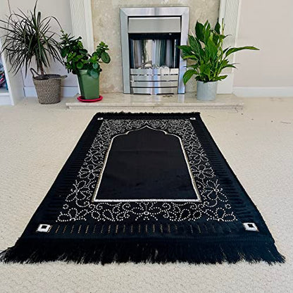 Mihrab Patterned Original Luxury Velvet Prayer Mat/Rug- 750g Weight | Made in Turkey (Black) - color: Black