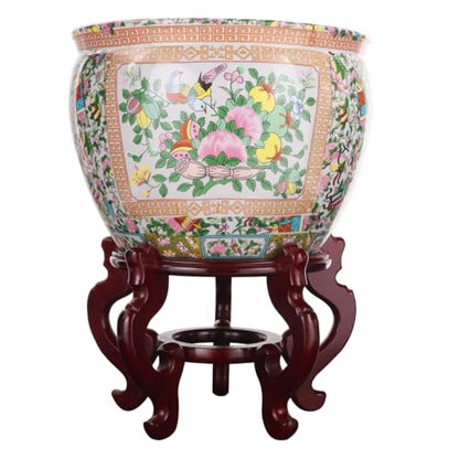 Rose Medallion Asian Fishbowl Cachepot Planter for Indoor or Outdoor Garden