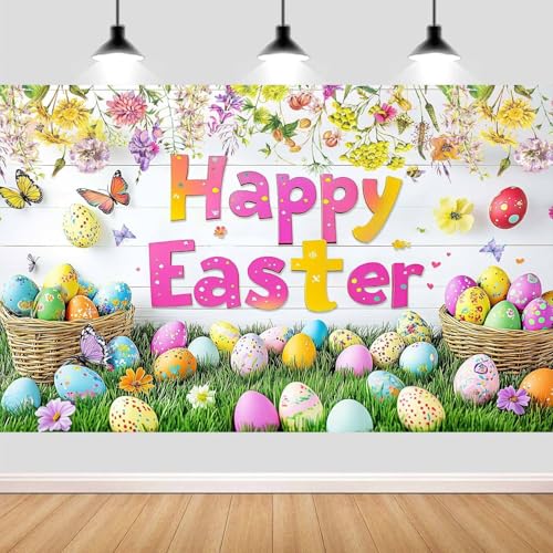 4X4ft Happy Easter Backdrop Spring Colorful Wood Easter Wildflowers Photography Backdrop Green Grass Floral Background Kids Children Birthday Party Decorations Backdrops Photo Booth Props - color: Easter 01, size: 4X4FT