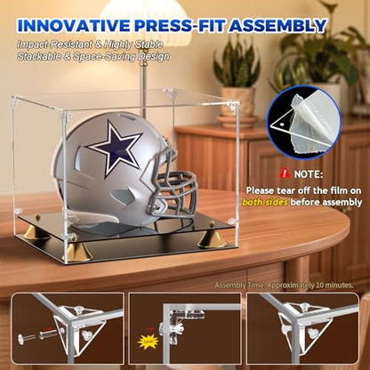 KOLIPI Football Helmet Display Case, Full Size Clear Acrylic Case Display for Football Baseball Motorcycle Helmet, Self-Assembly Showcase with Double Layer Base, Protector for Signed Memorabilia - size: Football Helmet Case, 15x12x13 inches