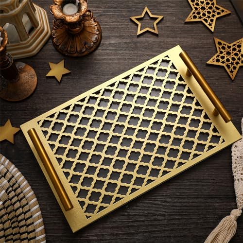 Vesici Ramadan Serving Trays Gold Eid Mubarak Kitchen Decor Eid Mubarak Serving Tray with Acrylic Waterproof Panel and Handle for Cookie Candy Pastry Dessert Ramadan Party Supplies(Rectangle)