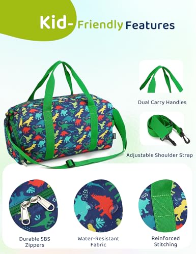 RAVUO Water Resistant Kids Duffel Bag - Overnight Sports Weekender Gym Carry-On Tote Travel Shoulder Bag for Boys with Shoe Compartment and Wet Pocket - color: Dinosaur