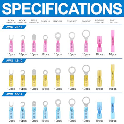 270PCS Heat Shrink Wire Connectors Kit, 22-10AWG | Marine Grade Eyelet Ring Fork Spade Butt Hook Splices Crimp Terminals