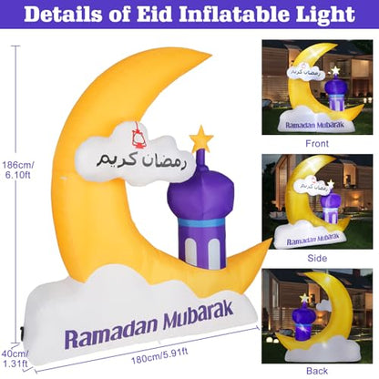 Lewondr 6.10FT Outdoor Inflatable Ramadan Moon Decorations,Waterproof Inflatable Eid Mubarak Decor,Blow Up Muslim Holy Celebration Decor with LED Lights,Muslim Holidays Inflatable for Yard,Yellow Moon - style: Yellow Moon