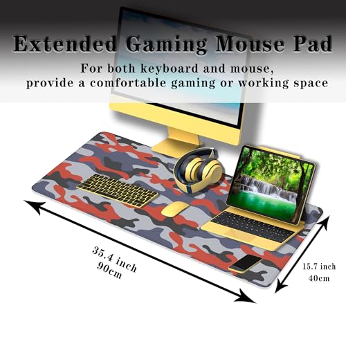 Keyboard Mouse Pad Blue Home Office Desk Pad Large Mousepads Computer Mat Keyboard Desk Mat Waterproof Non-Slip Rubber Base 35.4" X 15.7" for Game Office, Camouflage with Red Spots - color: Blue Camouflage With Red Spots