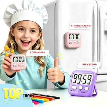 2 Pack Digital Timer for Kids Classroom Kitchen Timers for Cooking | w/ Battery, Easy to View, Alarm, Mute Mode, Count Down/Up, Magnetic, Kickstand, Hanging, Classroom Timer for Teacher Supplies - color: 2 * Pink + Purple