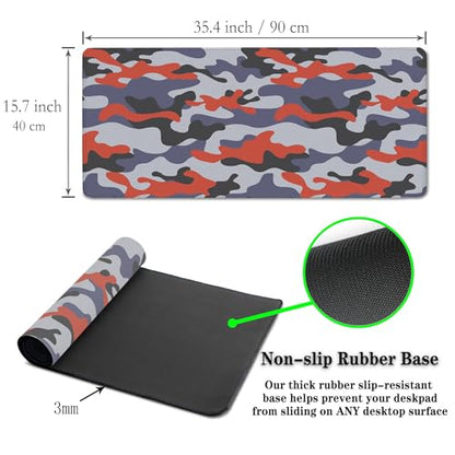 Keyboard Mouse Pad Blue Home Office Desk Pad Large Mousepads Computer Mat Keyboard Desk Mat Waterproof Non-Slip Rubber Base 35.4" X 15.7" for Game Office, Camouflage with Red Spots - color: Blue Camouflage With Red Spots