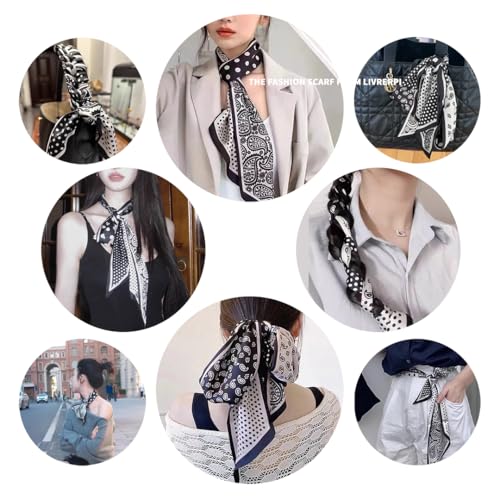 Silk Feeling Head Scarf Fashion Satin Hair Scarf Square Long Scarves for Women Gifts - color: 02 Black Point /5.12 X 59 Inch