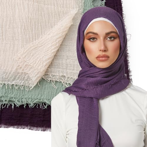 EVQ Soft Cotton Hemp Scarf Wrap Long Hijab Scarves for Women - color: Dark Purple+light Green+milky White