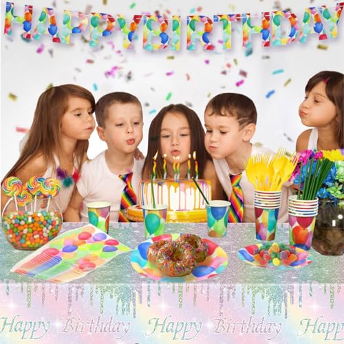 Kesfey Rainbow Birthday Tablecloths Pastel Silver Glitter Table Cover | 54×108 Inch,Silver Sprinkle Rainbow Tie Dye,Disposable, Waterproof, Rectangle Table Cover, Party Supplies Decoration - color: Rainbow Birthday