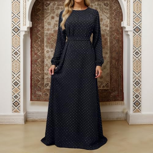 Muslim Dresses for Women Maxi Dress with Belt Long Sleeve Crew Neck Dress Long Casual Church Dress Prayer Clothes - color: Black, size: Medium