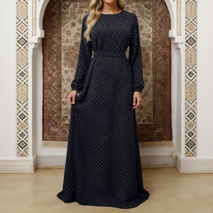 Muslim Dresses for Women Maxi Dress with Belt Long Sleeve Crew Neck Dress Long Casual Church Dress Prayer Clothes - color: Black, size: X-Large
