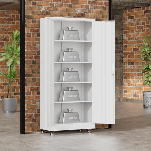 Greenvelly 73" Metal Storage Cabinet with Wheel, Lockable White Metal Garage Cabinets with 2 Doors and 4 Adjustable Shelves, Rolling Steel Tool Cabinet for Garage, Home Office, School - color: White, style: 73"H-Wheels