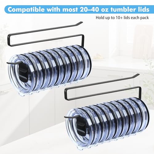 2 Pack Tumbler Lid Organizer, Under Cabinet Cup Lid Holder - Heavy Duty Iron with Anti-Rust Coating, Holds 10+ Lids , No Drill Space-Saving Kitchen Bathroom Organizer for 20–40 oz Tumbler Lids, Black