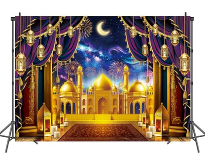 Eid Mubarak Backdrop Muslim Arabian Night Photography Background Lantern Curtain Moon Fireworks Castle Banner for Islamic Ramadan Kareem Party Decoration Supplies (8X6FT(94 x 70 inch)) - size: 8X6FT(94 x 70 inch)