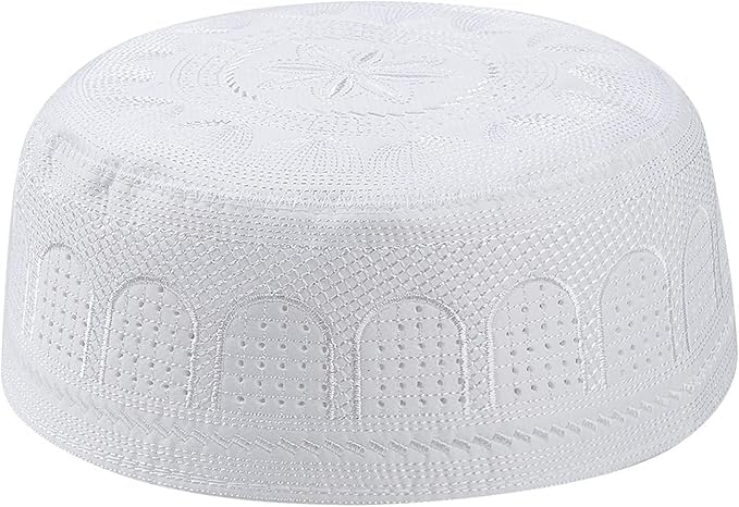 Muslim Prayer Kufi Hat for Men Boys Islamic Beanie Skull Cap Prayer Headwear Embroidery Kofia Topi Sun Hat Ramadan Eid Gift - color: White-large