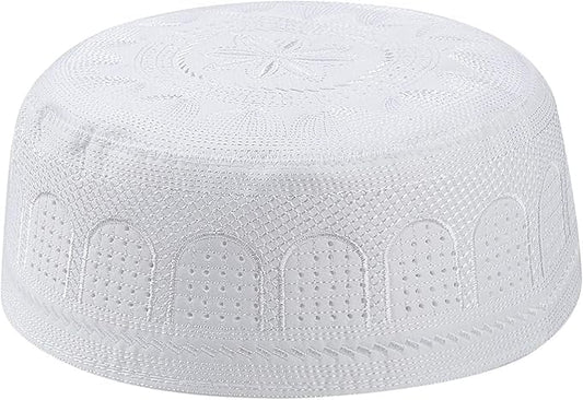 Muslim Prayer Kufi Hat for Men Boys Islamic Beanie Skull Cap Prayer Headwear Embroidery Kofia Topi Sun Hat Ramadan Eid Gift - color: White-large