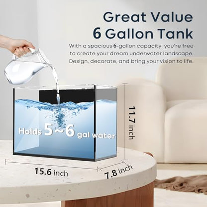 6 Gallon Glass Fish Tank 5 Gallon, Small Aquarium Fish Bowl Cube for Betta Goldfish Snails Shrimp Aquatic Planting, Easy to Maintain Ultra Clear Rimless Design Low Iron - color: Dark Background, size: 5 Gallon