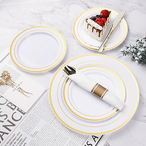 BESTVIP 350PCS Gold Plastic Dinnerware Set, Disposable Party Plates for 50 Guests, Include: 100 Plastic Plates, 50 Pre Rolled Napkins with Gold Silverware, 50 Cups - color: Gold, size: 50 Guests