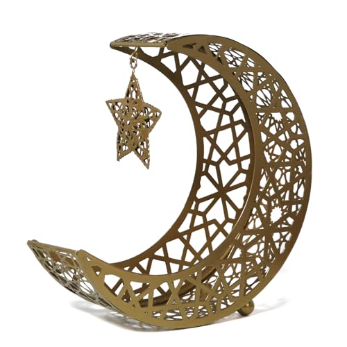 Metal Crescent Moon and Star Stand for Ramadan, Eid Mubarak Table Decor, Elegant Home Party Decorations, for Eid, Ramadan, and Special Occasions (Gold) - color: Gold