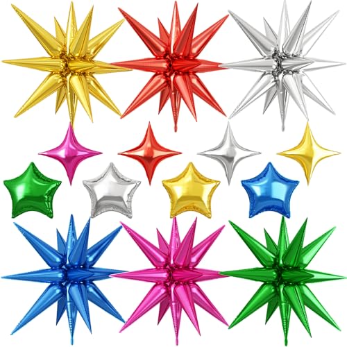 14PCS Colorful Star Balloons, 22Inch Explosion Stars & 10Inch Foil Balloons - color: Colorful