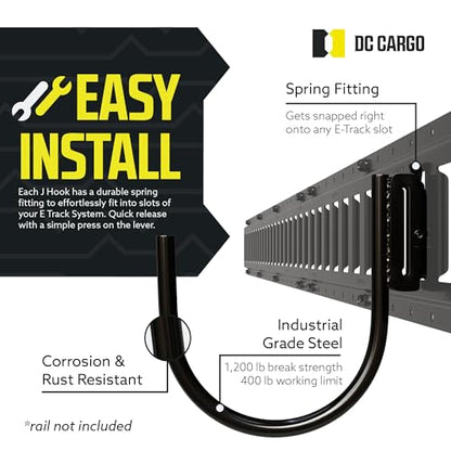 DC Cargo - E Track J Hooks (4.5" - 4 Pack) - Large Heavy Duty Accessories - Hanging Hook for Your ETrack Rail System - Use in Enclosed Trailers, Box Trucks, Vans, Garage, Workshop & Warehous - size: 4.5 Inch - 4 Pack