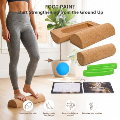 Cork Balance Board 4-in-1 Foot and Ankle Strengthener Kit | Natural cork kit with roller, ball, toe bands, guide and log for foot strength, ankle stability, mobility and balance