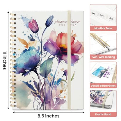 Planner 2026-2027, Academic Monthly and Weekly Calendar Planner for Women, July 2026 - June 2027, Hardcover Pretty Agenda Planner Book with Tabs, Spiral Daily Organizer for School Office Home Supplies, 8.5" x 11" - Painted Bloom - color: D-Painted Bloom,
