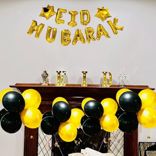 Eid Mubarak LED Letters Décor Set - Gold Foil Alphabets & Balloons, 8” Islamic Tabletop Decor for Home, Eid Gift & Party Celebrations - color: Eid
