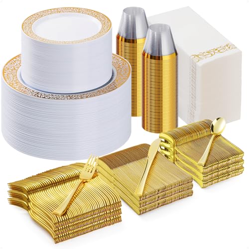 Bestluck 700 Pcs Gold Plastic Dinnerware Set for 100 Guests - color: Gold, size: 100 Guests Set