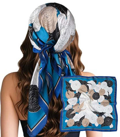 Sumolux Head Hair Scarf for Women Like Satin Silk Scarf Bandana Hair Wrapping Night Large Square Scarves 27.5" - color: Blue Beautiful Flowers