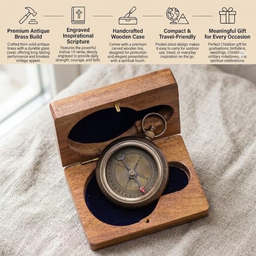Compass – Brass Directional Vintage Compass Engraved with “Be Strong and Courageous” Joshua 1:9 Bible Verse, Baptism 2026 Communion Christian Inspirational Gifts for Women/Men - style: Be Strong 1 - Wood Case