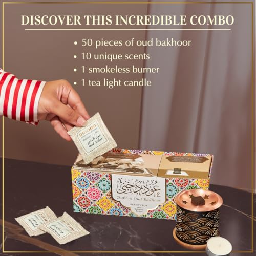 Oud Bakhoor Variety Box with Burner & Refill Box by Dukhni | Set of 2 | Authentic Arabic Bakhoor Incense | Gift Set & Starter Kit | Luxurious Long-Lasting Assorted Fragrances