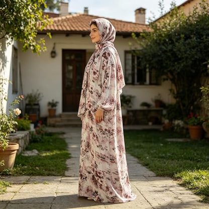 Floral Print Abaya with Matching Scarf, Long Sleeve Loose Modest Maxi Dress for Women, Breathable
