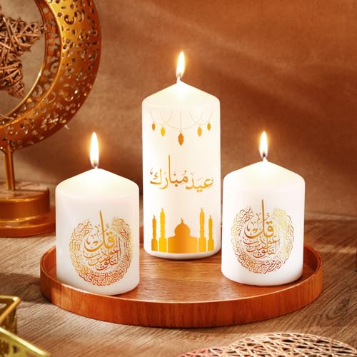 Hoolerry 3 Pcs Eid Mubarak Candles Ramadan Kareem Islamic Pillar Candle Set Ramadan Gift Decorations for Home Eid Mubarak Decor Gifts for Muslim