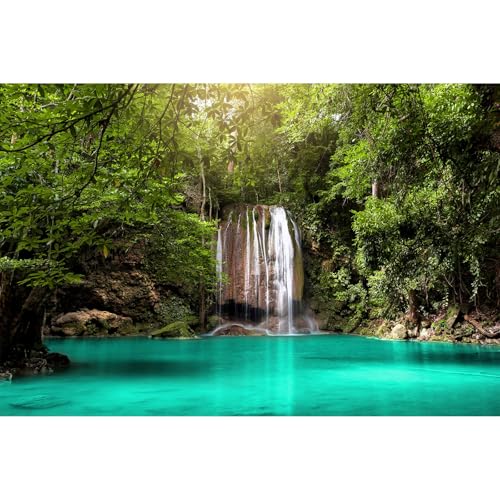 Jungle Waterfall Aquarium Background Lush Green Rainforest Rocks Terrarium Background Falls Green Plants Natural Landscape Fish Tank Background Lake Stream Waterfall Reptile Background 24x12in - color: Turquoise, size: 24(W)x12(H)in