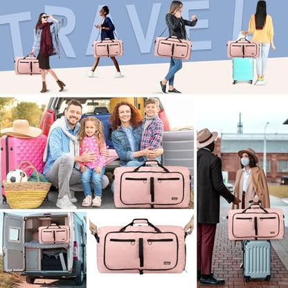 Fmeida 65L Duffle Bag with Shoes Compartment, Foldable Travel Duffel Bags for Men Women, Large Packable Travel Bag Water Repellent & Tear Resistant (Light Pink) - color: Glossy Light Pink