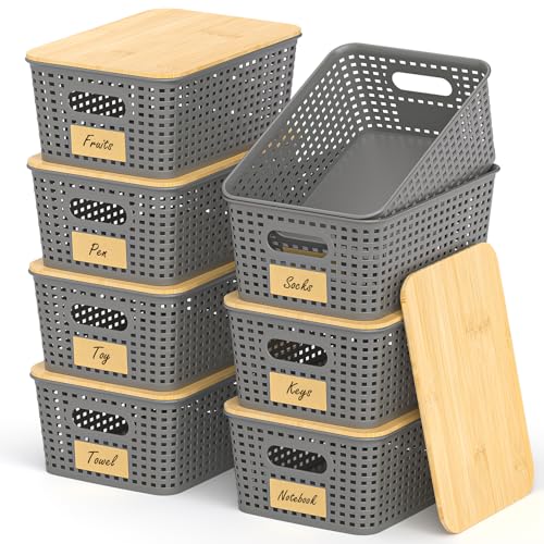 Stackable Storage Baskets: 8 Pack Plastic Baskets Bins, Gray | Decorative Baskets for Organizing, Pantry Decorative Containers for Closets, Cabinets, Shelves - color: Grey