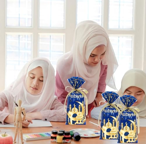 Whaline 100 Pcs Eid Mubarak Cellophane Bags with Ribbon Ramadan Plastic Treat Bags Blue Gold Candy Goodie Bags for Islamic Muslim Party Snack Cookie Packing Supplies - color: Blue Gold
