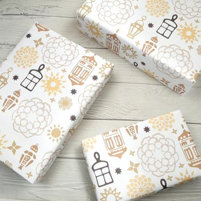 Eid Mubarak Wrapping Paper, White Islamic Ramadan Gift Wrap Paper with Mandala,Lantern,Mosque Pattern for Eid al-Fitr, Ramadan Muslim Celebration - 4 Folded Sheets 20x28 Inches
