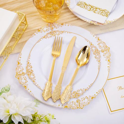 Hioasis 175pcs White and Gold Plates - White Party Plates for 25 Guest, Include 50 Heavy-duty Plates(20% Thicker Than Standard), 25 Cutlery Set, 25 Napkin, 25 Cups for Party & Wedding & Graduation - color: White and Gold