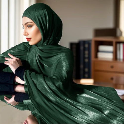 Premium Hijab Head Scarf for Women Lightweight Shimmer Hijab Head Wrap Scarves Crepe Satin Scarf Shawl Wrap - color: Dark Green
