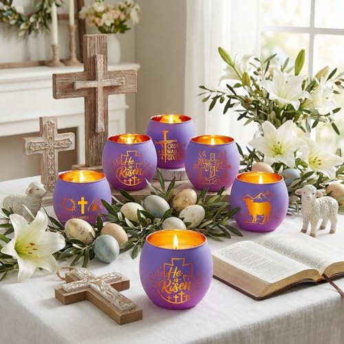FoldTier 6 Pcs Easter Candle Holders He is Risen Tealight Votive Candle Holder for Table Centerpiece Christian Religious Glass Tealight Votive Easter Tabletop Decor for Home Altar Decoration - style: Easter