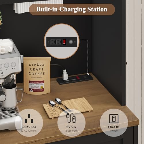 HOSTACK 75" Kitchen Pantry Storage Cabinet, Coffee Bar Hutch Cabinet, Black | Tall Pantry Cabinet with Charging Station / Wide Countertop / Glass Doors / Wine Rack / Cup Holder / Drawers, Dining Room - color: Black