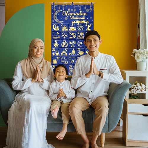 Fabric Ramadan Countdown Calendar 2026 Eid Mubarak Advent Hanging Calendar 30 Days Mystery Eid Ramadan Countdown Calendar with 30 Pockets Reusable for Home Wall Decor Party Supplies