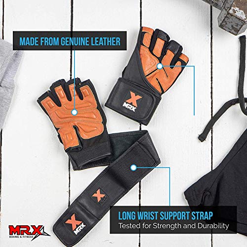 MRX Weight Lifting Pro Level Gloves with 18 Inches Long Wrist Strap Gym Workout Exercise & Fitness in - color: Black Brown, size: Medium