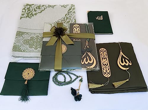 SAIKA Muslim Prayer Rug, 7 in One Gift Set, Prayer Mat Surah Book, Tasbeeh, Scarf, Surah Case, Bookmark, Car Mirror Hanger, Prayer Beads,Islamic Gift for Umrah, Hajj, Wedding, Janamaz (Green) - color: Green