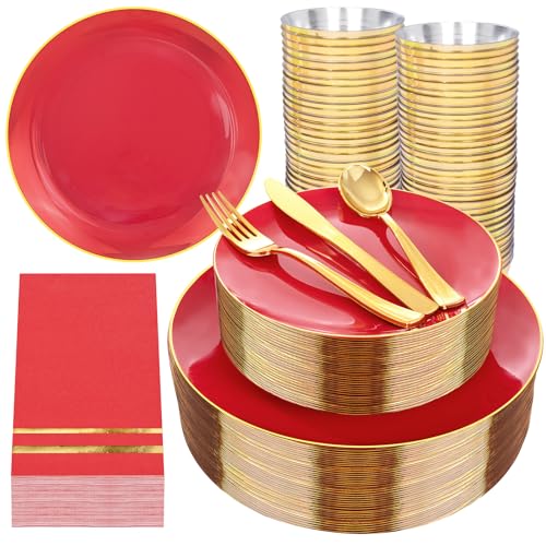 NOCCUR 350PCS Red Plastic Plates - Disposable Red Gold Dinnerware Set for 50 Guests, 100 Dinner/Dessert Plates, 150 Gold Silverware, 50 Cups&50 Napkins for Party/Wedding/Hibachi Party - color: Red